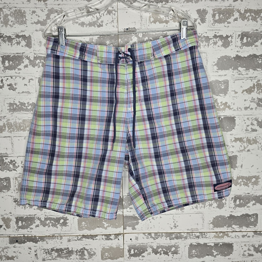Vineyard Vines Board Shorts Mens 33 Multicolor Plaid Logo Drawstring Rear Pocket